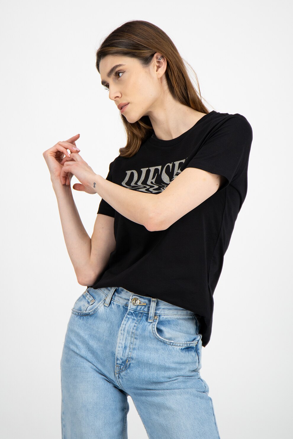 Diesel, Tricou de bumbac cu logo T-Sily, Negru/Argintiu