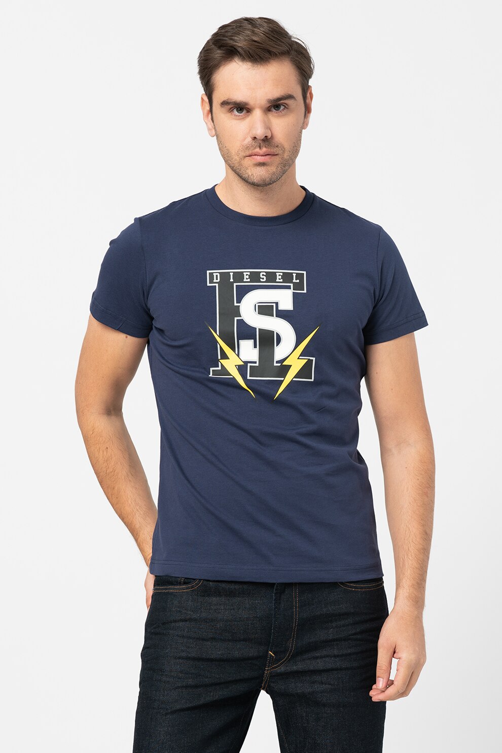 Diesel, Tricou cu imprimeu Diego, Albastru prafuit/Gri inchis/Alb
