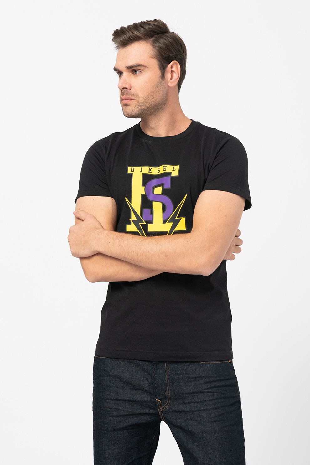 Diesel, Tricou cu imprimeu Diego, Negru/Galben/Violet