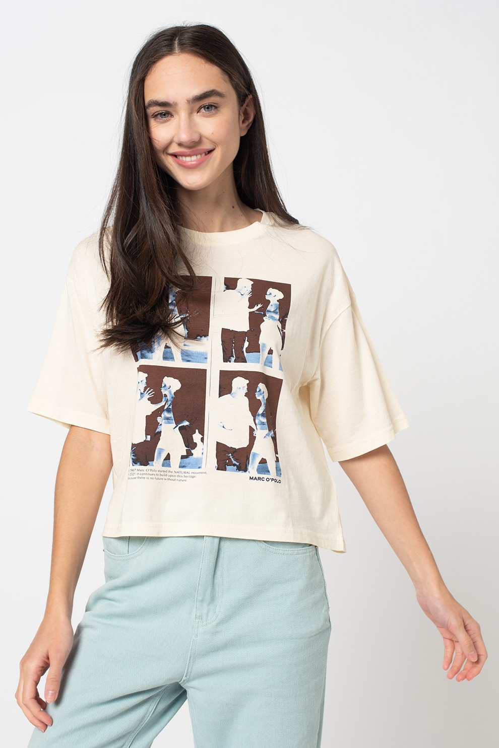 Marc O'Polo, Tricou cu maneci cazute si imprimeu foto, Crem/Maro/Albastru