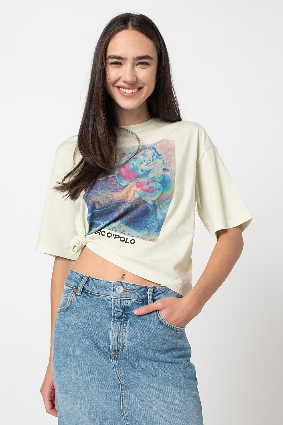 Marc O'Polo, Tricou cu maneci cazute si imprimeu foto, Verde pal/Albastru aqua/Roz