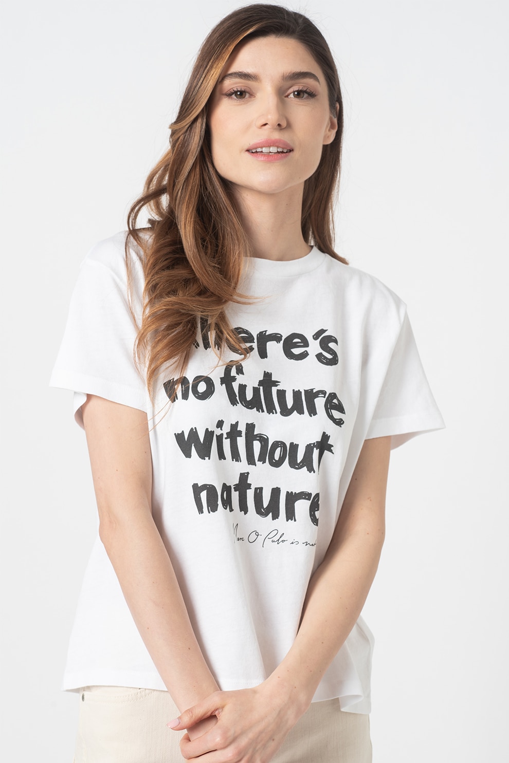 Marc O'Polo, Tricou cu decolteu la baza gatului si imprimeu text, Alb/Negru