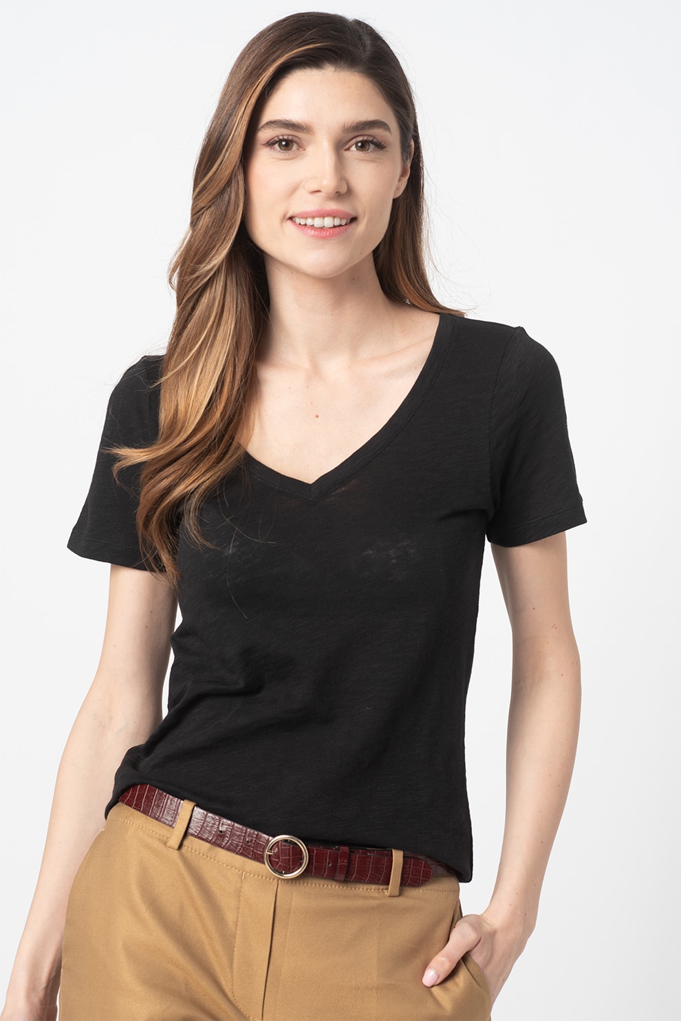 Marc O'Polo, Tricou de bumbac cu decolteu in V, Negru