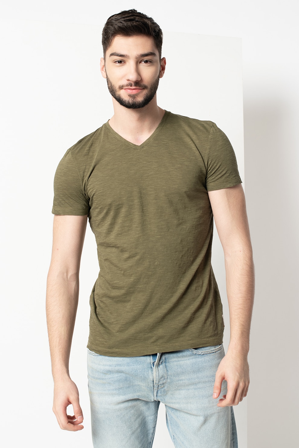 Marc O'Polo, Tricou de bumbac cu decolteu in V, Verde militar