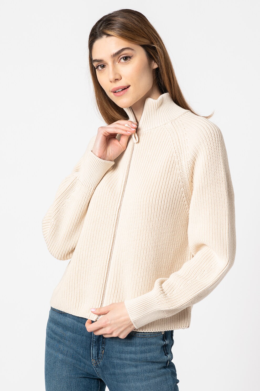 Marc O'Polo, Cardigan de bumbac cu fermoar, Maro nisip, M