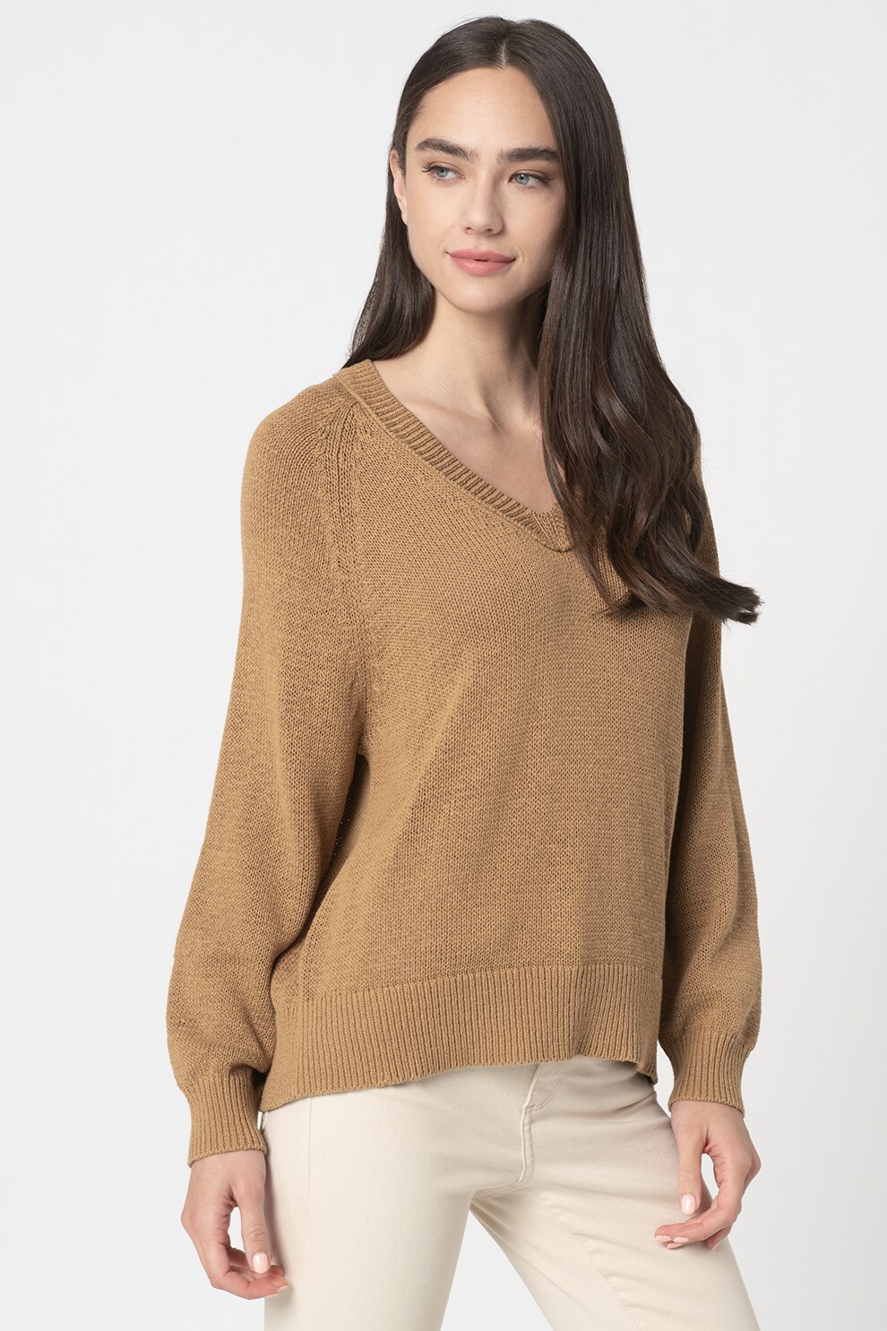 Marc O'Polo, Pulover tricotat cu decolteu in V, Verde oliv, S