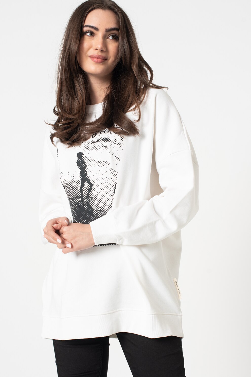 Marc O'Polo, Bluza sport lejera cu imprimeu grafic, Alb prafuit/ Negru