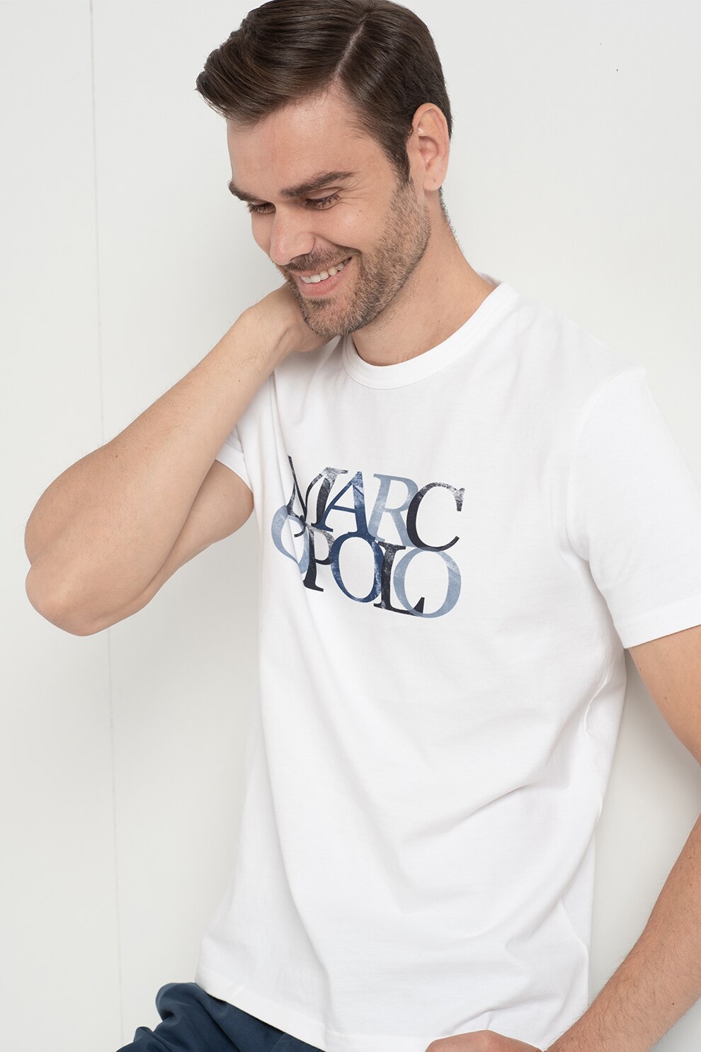 Marc O'Polo, Tricou de bumbac cu imprimeu logo, Alb, S