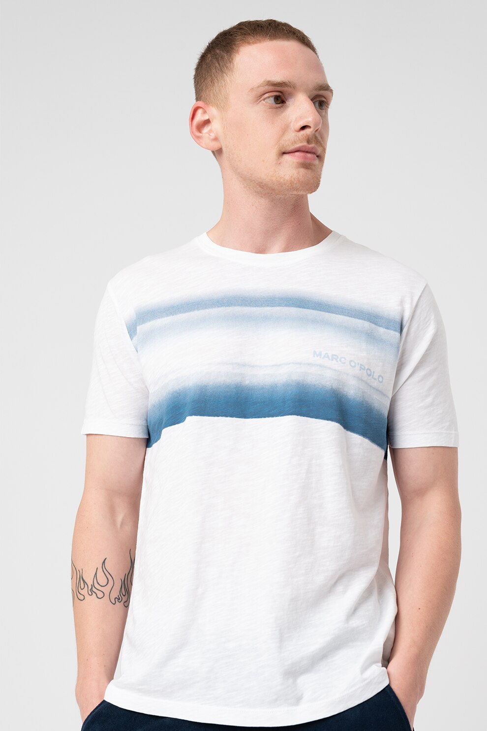 Marc O'Polo, Tricou de bumbac cu logo, Alb/Albastru, S