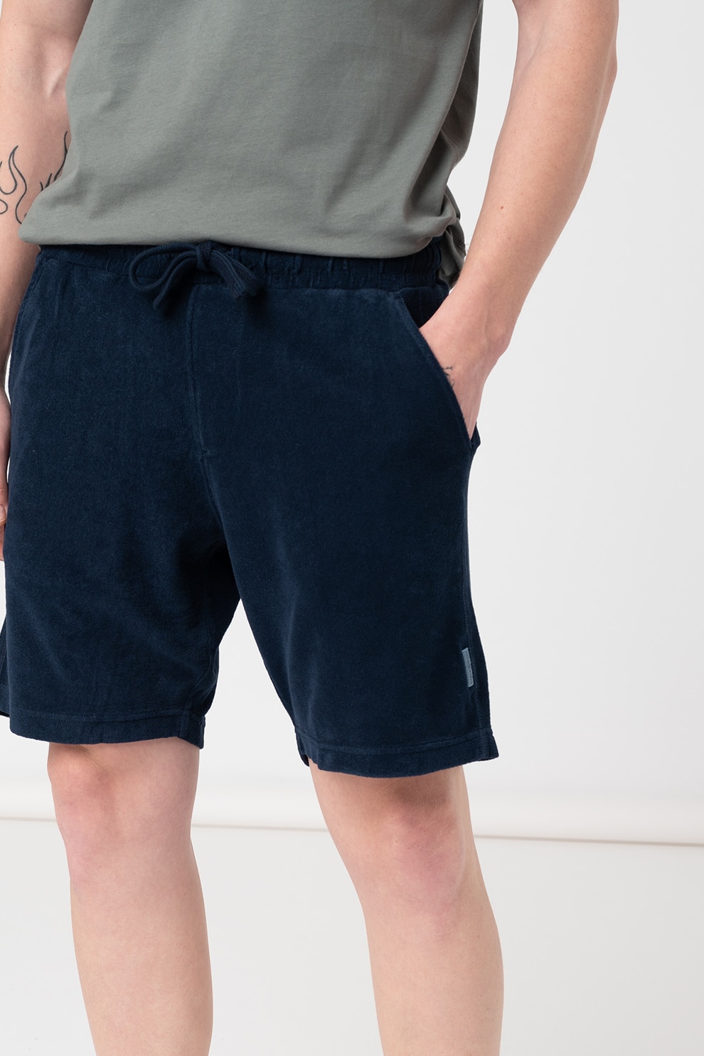 Marc O'Polo, Pantaloni scurti cu snur si aspect catifelat, Bleumarin