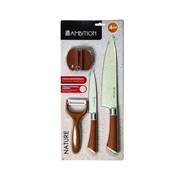 Set cutite 4 piese Ambition 2 cutite, ascutitor si curatator Nature