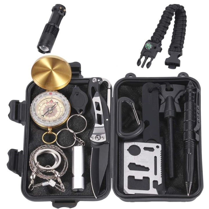 Kit de supravietuire multifunctional, Negru, 16,5 x 11 x 5cm