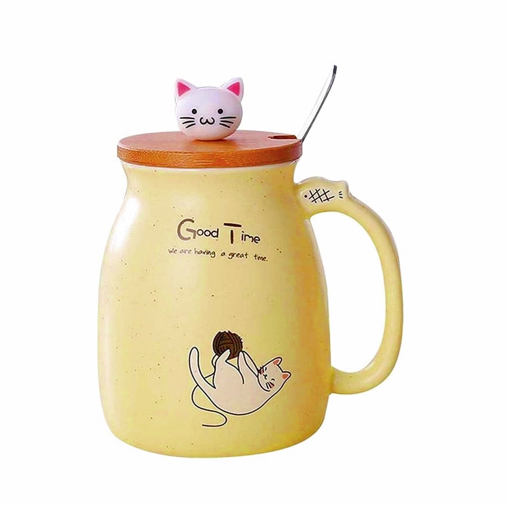 Cana pisica Felix ceramica, Set cu lingurita si capac bambus