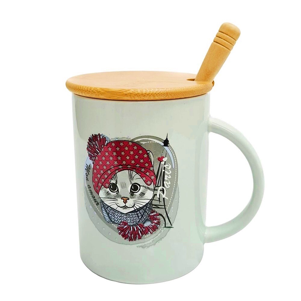 Cana pisica Holly 300ml, Ceramica, Multicolora, Set cu lingurita si capac