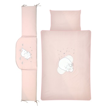 Set lenjerie din bumbac, cu protectie laterala pentru pat bebe, Elefant Roz, 120 x 60 cm Set lenjerie din bumbac, cu protectie laterala pentru pat bebe, Elefant Roz, 120 x 60 cm