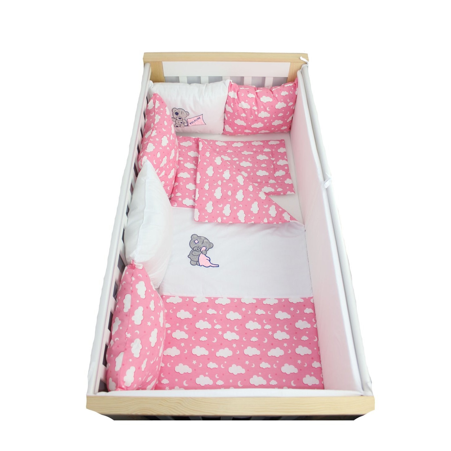 Lenjerie cu perne, 9 piese, norisori si stelute roz, 120x60cm