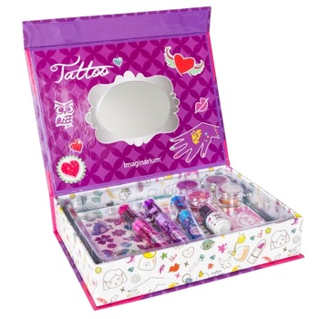 Set pentru a face tatuaje temporare Imaginarium Fashion Tattoo kit cu 18 piese, foi cu tatuaje, sabloane, vopsele, pensula si gel pentru piele Set pentru a face tatuaje temporare Imaginarium Fashion Tattoo kit cu 18 piese, foi cu tatuaje, sabloane, vopsele, pensula si gel pentru piele
