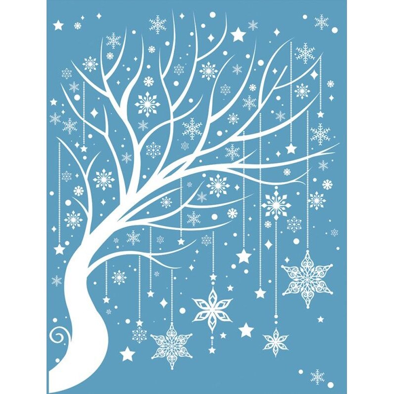 Sticker pentru geam - copac inzapezit impodobit cu fulgi, 50 x 35 cm