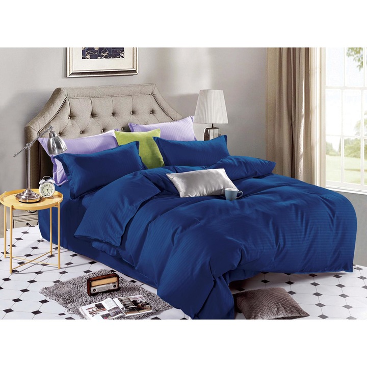 Lenjerie de pat dublu pentru 2 persoane Premium Damasc bleumarin bumbac 100%, 4 piese, DSK021