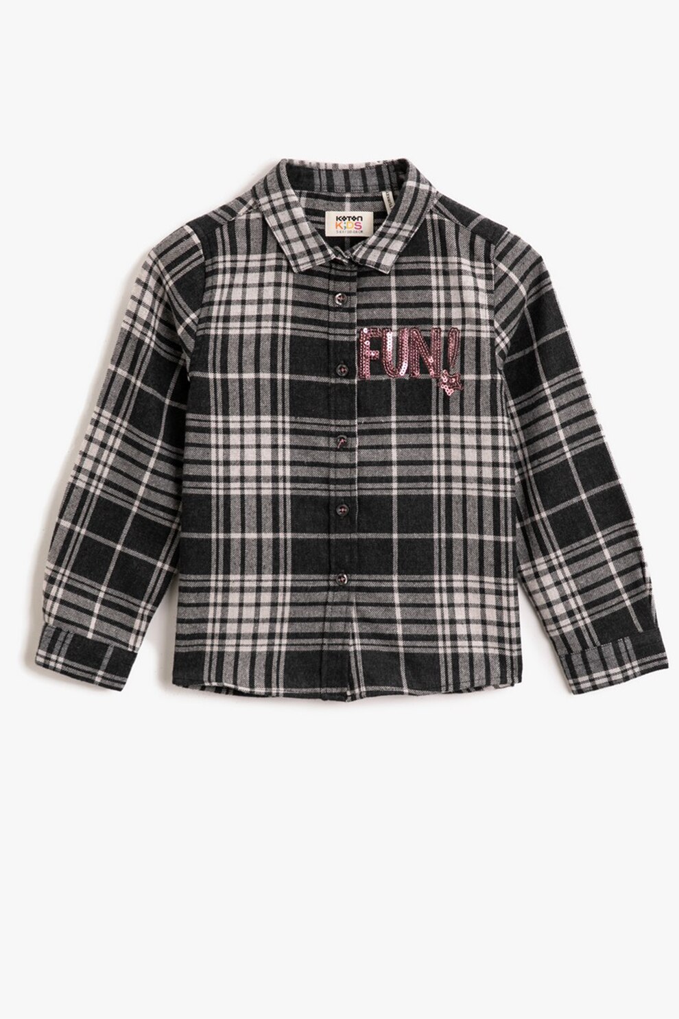 KOTON, Camasa in carouri cu aplicatie text cu paiete, Negru/Alb prafuit, 134-140 CM