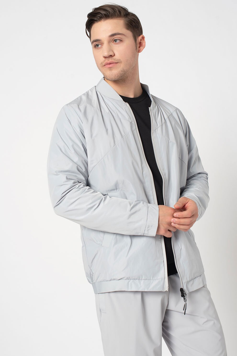 Asics, Jacheta bomber pentru fitness si antrenament, Gri deschis, M