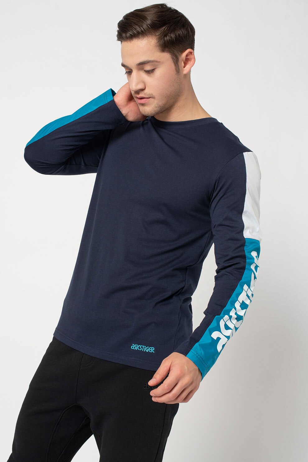 ASICS Tiger, Bluza sport cu decolteu la baza gatului si imprimeu logo, Bleumarin