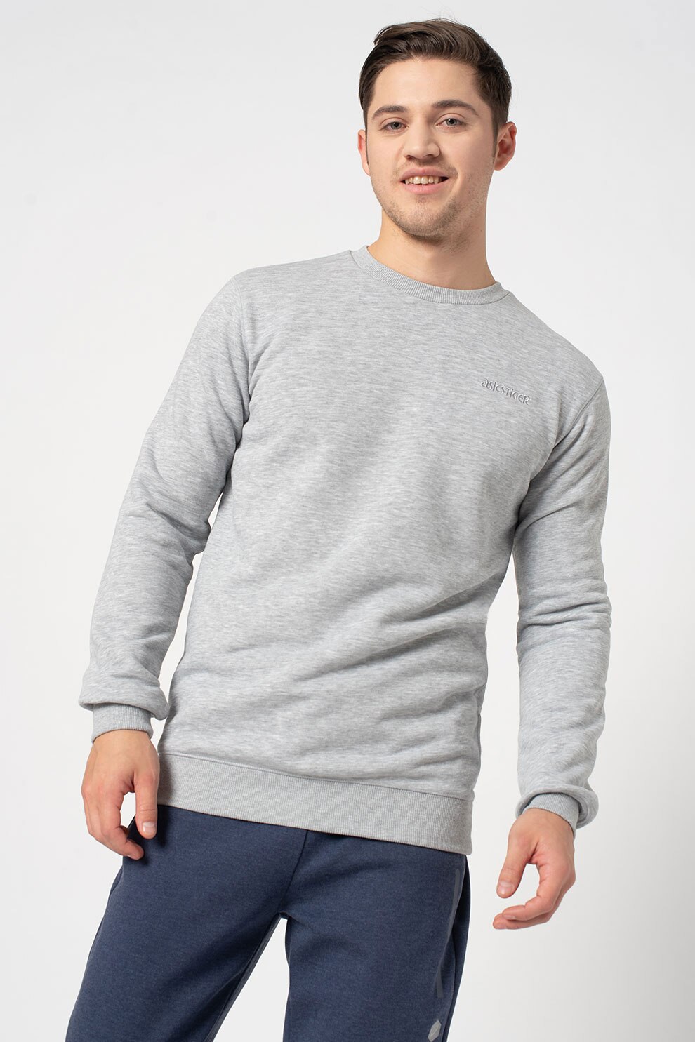 ASICS Tiger, Bluza sport din amestec de bumbac cu decolteu la baza gatului, Gri deschis melange