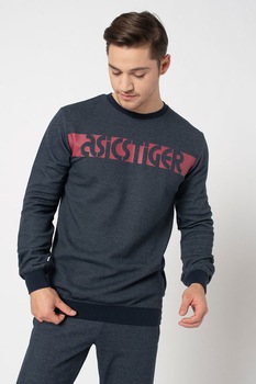 ASICS Tiger, Bluza sport cu decolteu la baza gatului si imprimeu logo, Bleumarin/Rosu inchis ASICS Tiger, Bluza sport cu decolteu la baza gatului si imprimeu logo, Bleumarin/Rosu inchis