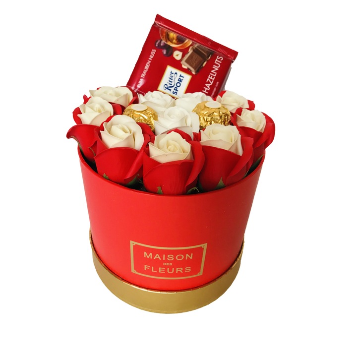 Aranjament floral trandafiri sapun cu ciocolata, Soapgift, 9 fire, alb/rosu