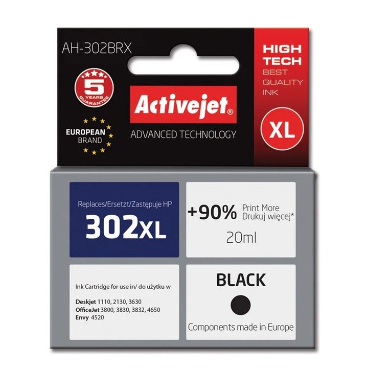 Cartus compatibil HP 302 XL Black pentru HP, 20 ml, Premium Activejet, Garantie 5 ani