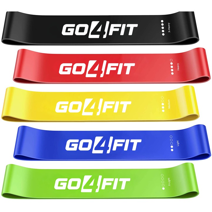 Set 5 mini benzi elastice rezistenta din latex, GO4FIT, pentru antrenament sala, fitness, yoga, pilates, gimnastica de recuperare, 5 niveluri de dificultate, saculet inclus