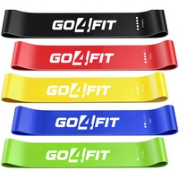Set 5 mini benzi elastice rezistenta din latex, GO4FIT, pentru antrenament sala, fitness, yoga, pilates, gimnastica de recuperare, 5 niveluri de dificultate, saculet inclus