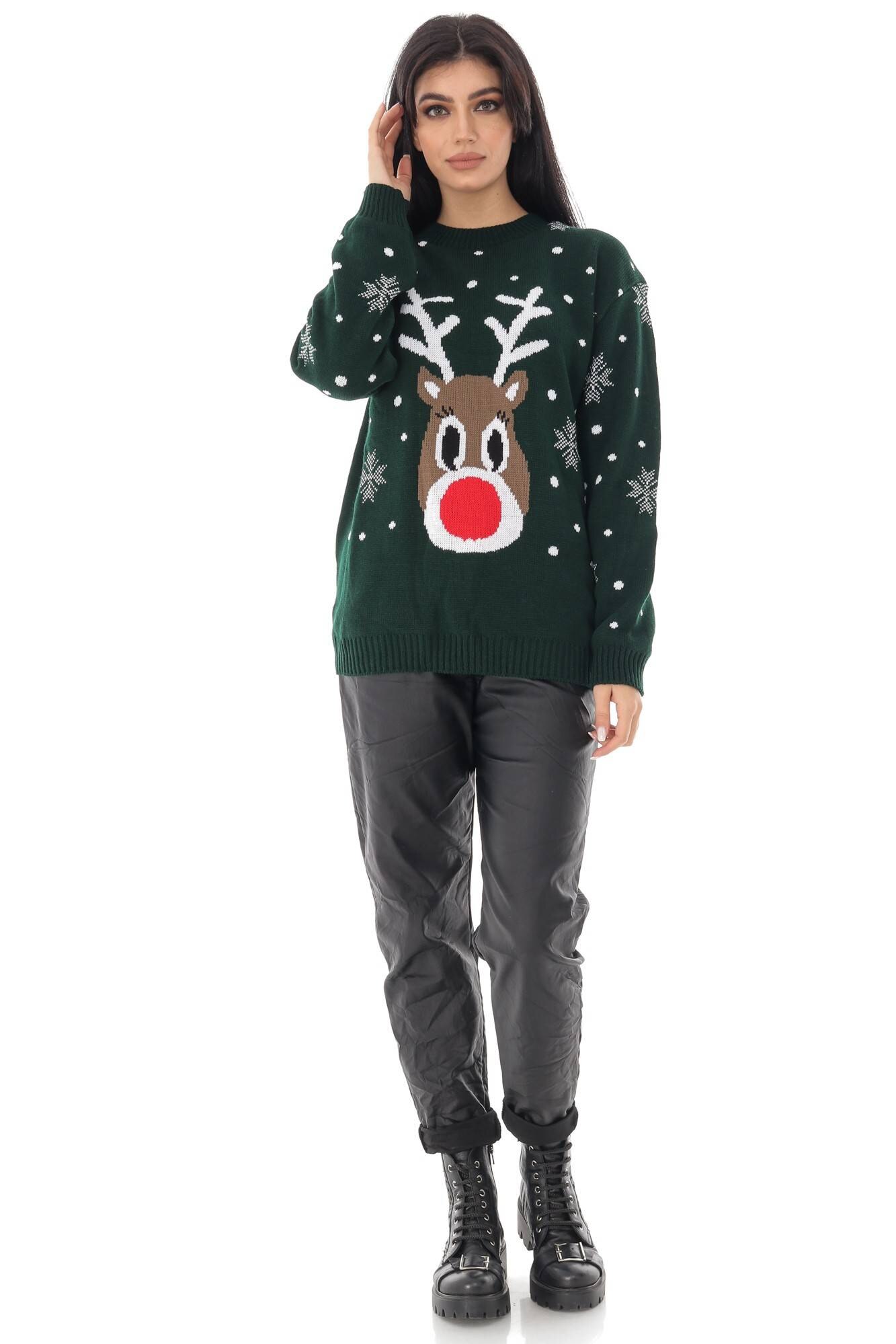 Pulover de dama, tricotat, ROH, verde, cu motive de Craciun - BR2364, UNI