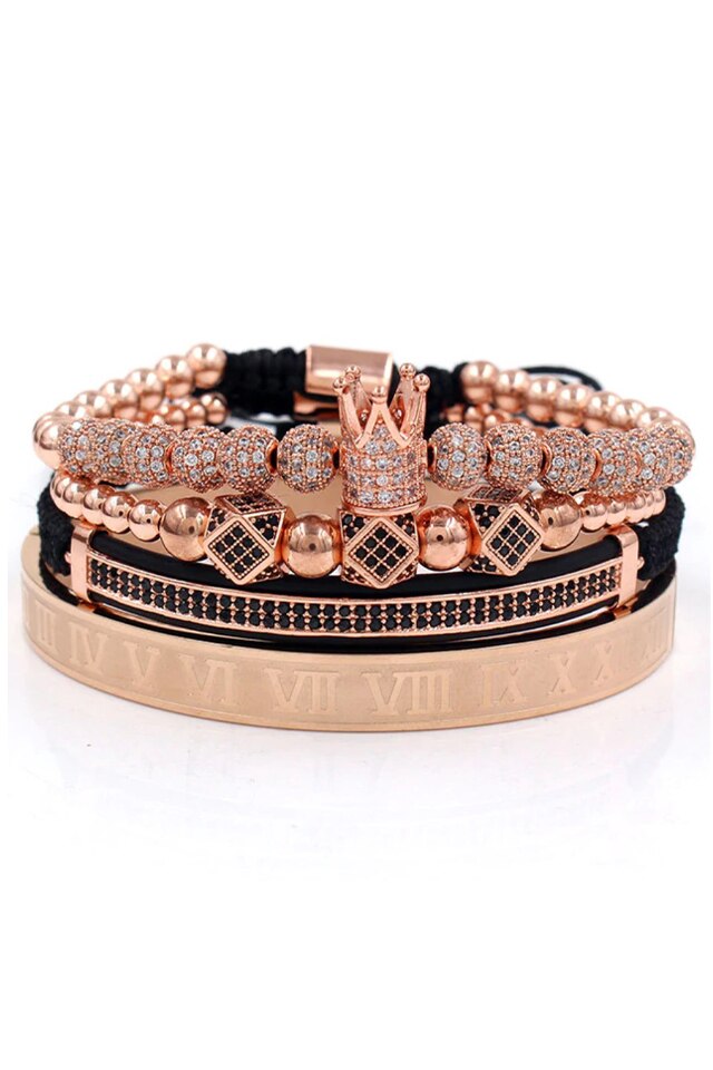 Set 4 Bratari Luxury, Placat aur 24K, Diamante CZ, Zzset-47, rose