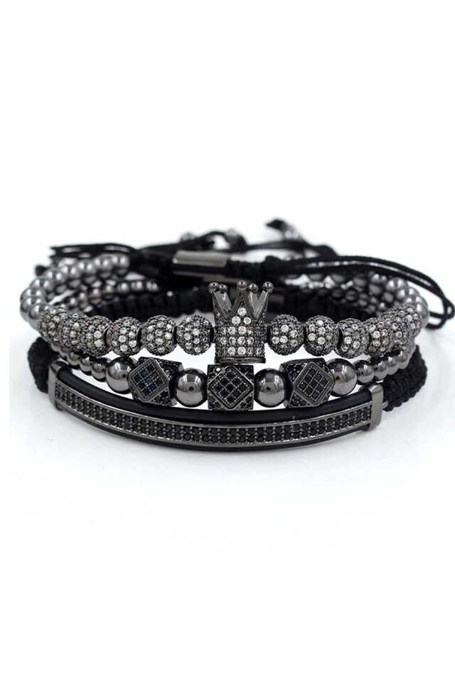 Set 3 Bratari Luxury, Placat aur 24K, Diamante CZ, Zzset-48, negru