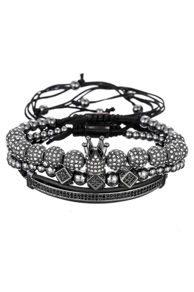 Set 3 Bratari Premium Crown, Placat aur 24K, Diamante CZ, Zzset-56, negru