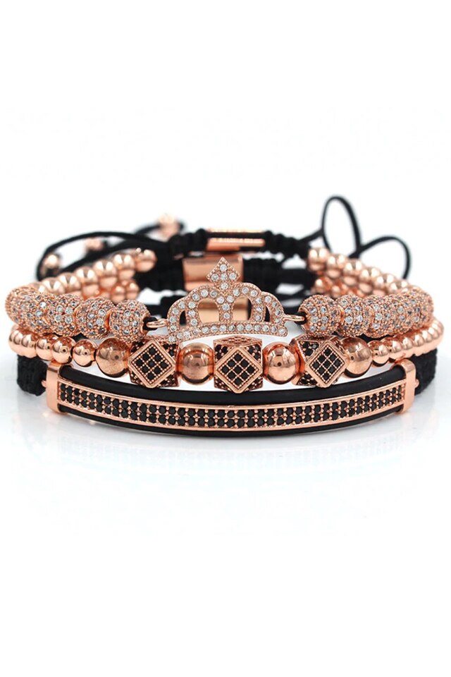 Set 3 Bratari Luxury Queen, Placat aur 24K, Diamante CZ, Zzset-49, rose