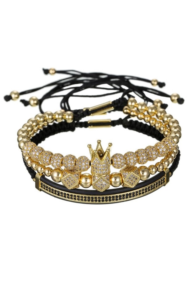 Set 3 Bratari Pure Diamonds Crown, Placat aur 24K, Diamante CZ, Zzset-51, auriu