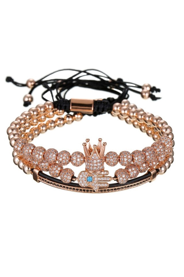 Set 3 Bratari Luxury Crown and Fatima, Placat aur 24K, Diamante CZ, Zzset-55, rose