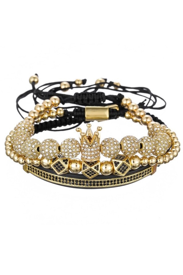Set 3 Bratari Premium Crown, Placat aur 24K, Diamante CZ, Zzset-56, auriu