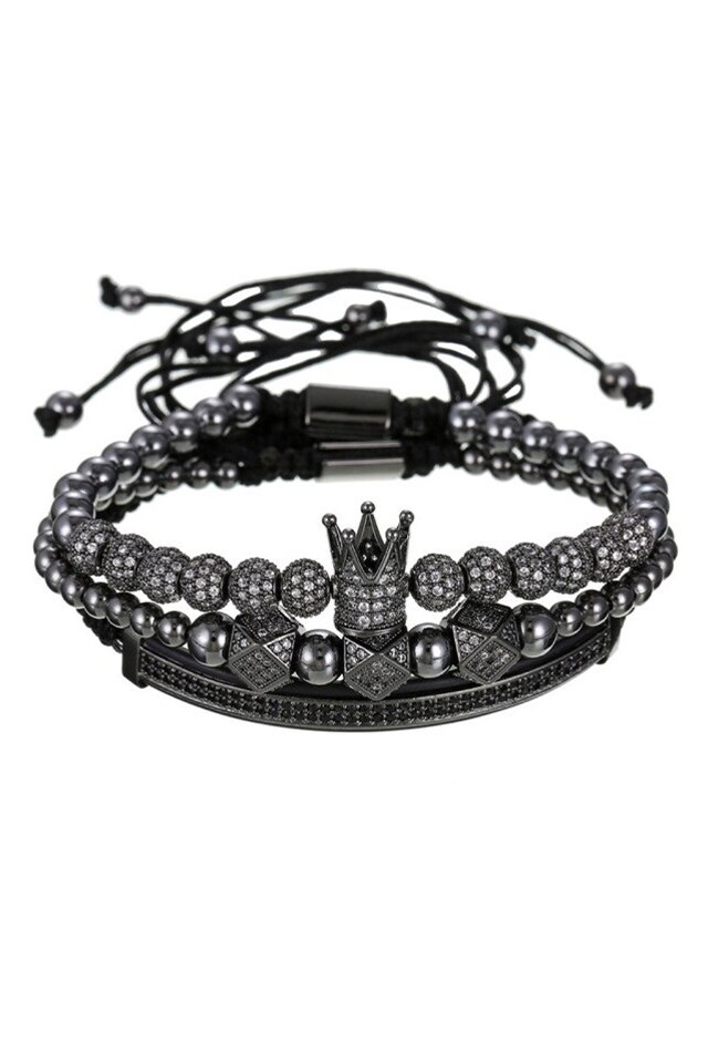 Set 3 Bratari Pure Diamonds Crown, Placat aur 24K, Diamante CZ, Zzset-51, negru