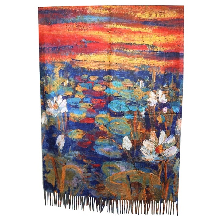 Esarfa tip sal pictata cu nuferi, multicolor, din casmir