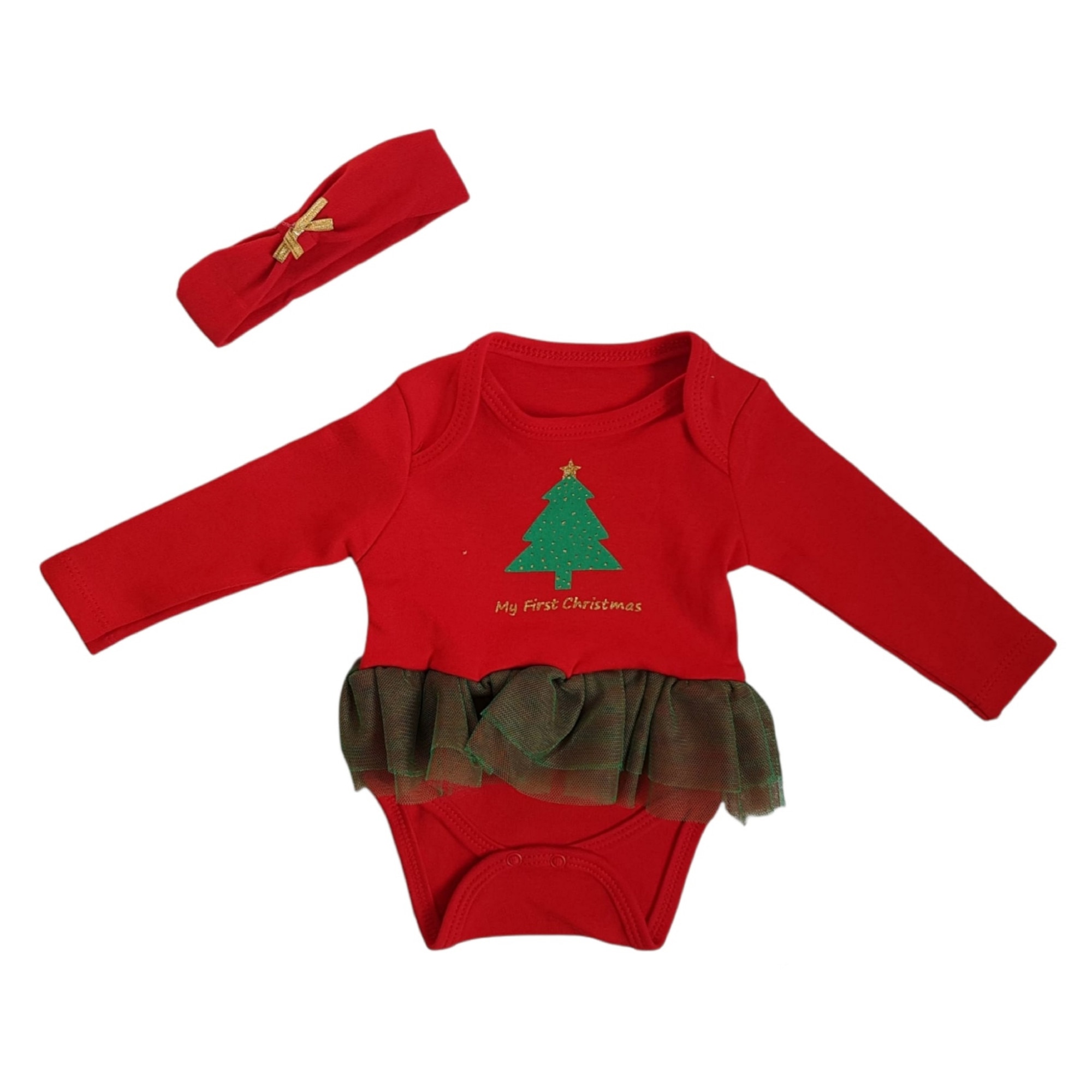 Body cu tull si bentita , imprimeu My first Christmas, varsta 3-6 luni, Rosu