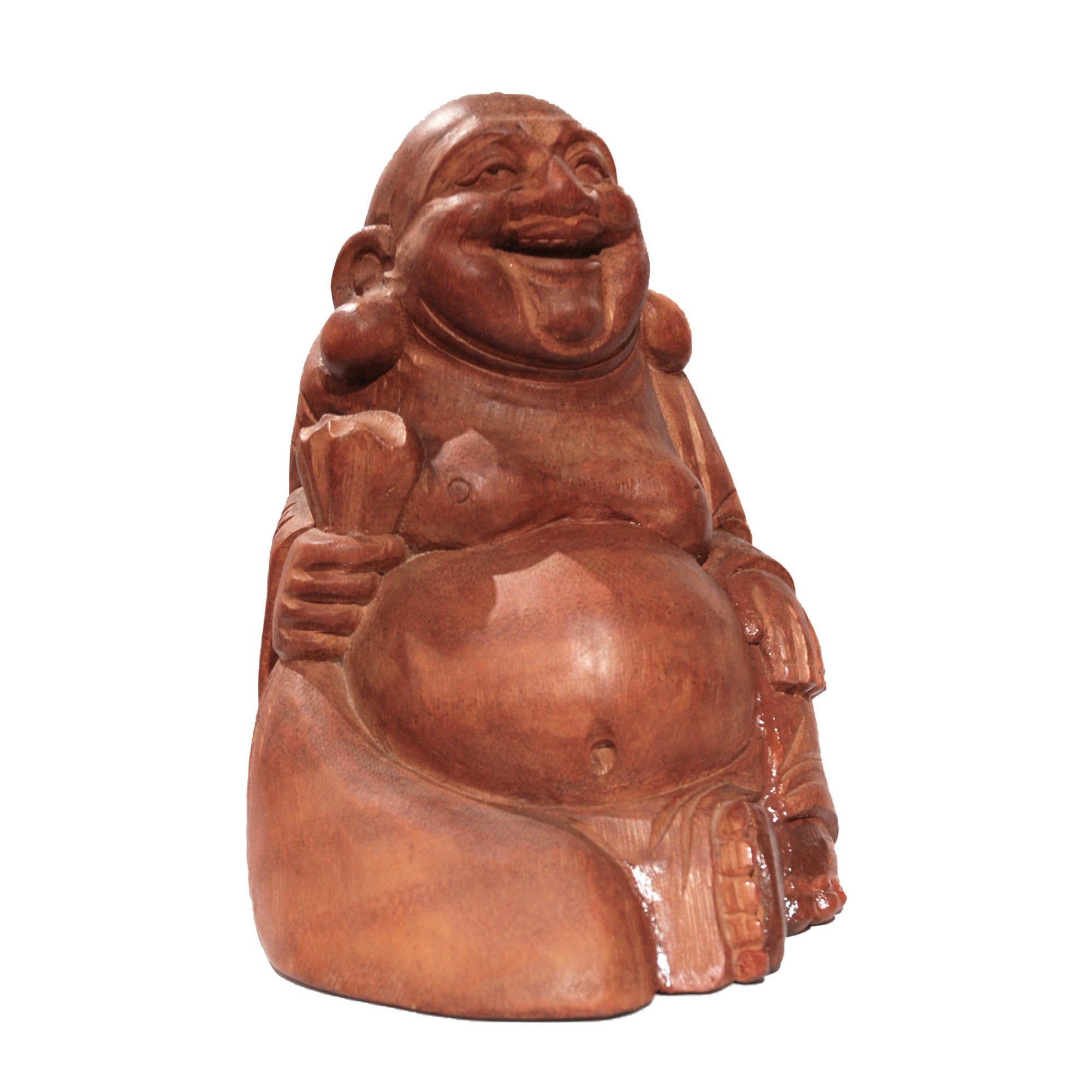 Statueta Sculptata Din Lemn Exotic Maro Model Budha Cu Sac Emagro