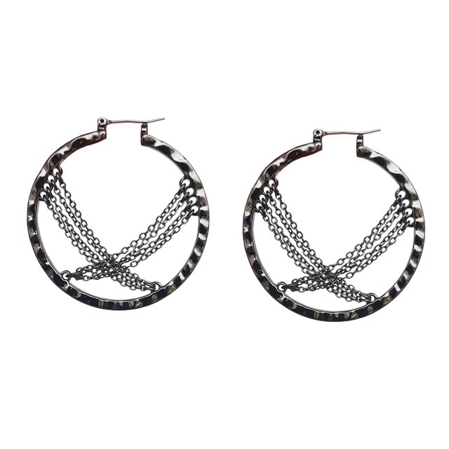 Cercei rotunzi cu lant dama, negri, 3.1 cm diametru