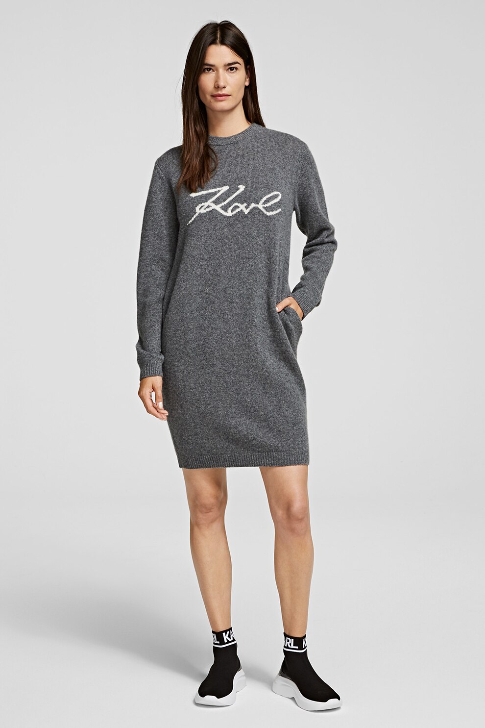 Karl Lagerfeld, Rochie tip pulover din amestec de lana si casmir, Gri inchis, S