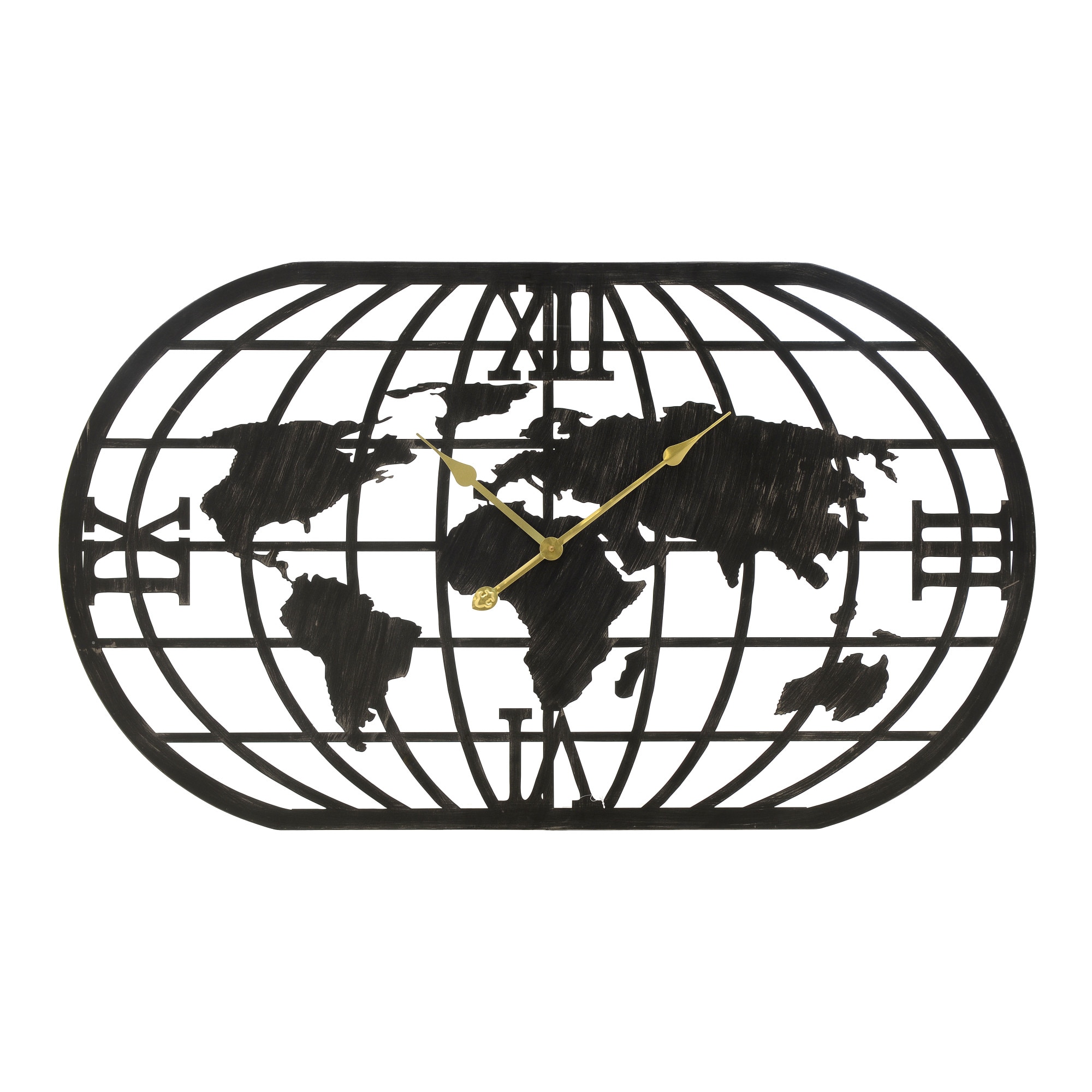 Ceas metalic de perete, harta Terra, negru, 100x4.5x58 cm