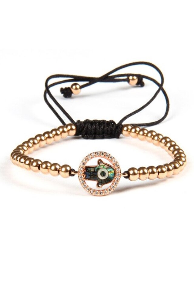 Bratara Luxury Diamond Hand of Fatima, Placata cu aur de 24K, Rose, Reglabila