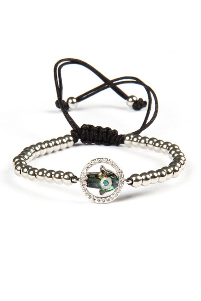 Bratara Luxury Diamond Hand of Fatima, Placata cu aur de 24K, Argintiu, Reglabila