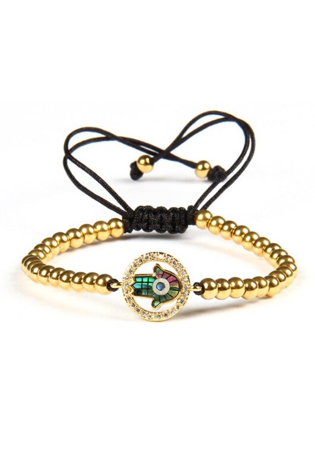 Bratara Luxury Diamond Hand of Fatima, Placata cu aur de 24K, Auriu, Reglabila